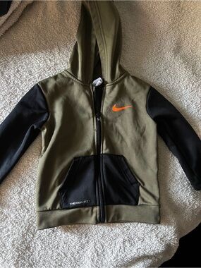 Nike Olive Green & Black Kids Hooded Zip Sweatshirt with Orange Swoosh